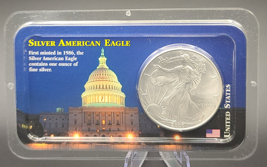 2000 US Silver Eagle Dollar Coin in Littleton Holder, .999 Silver