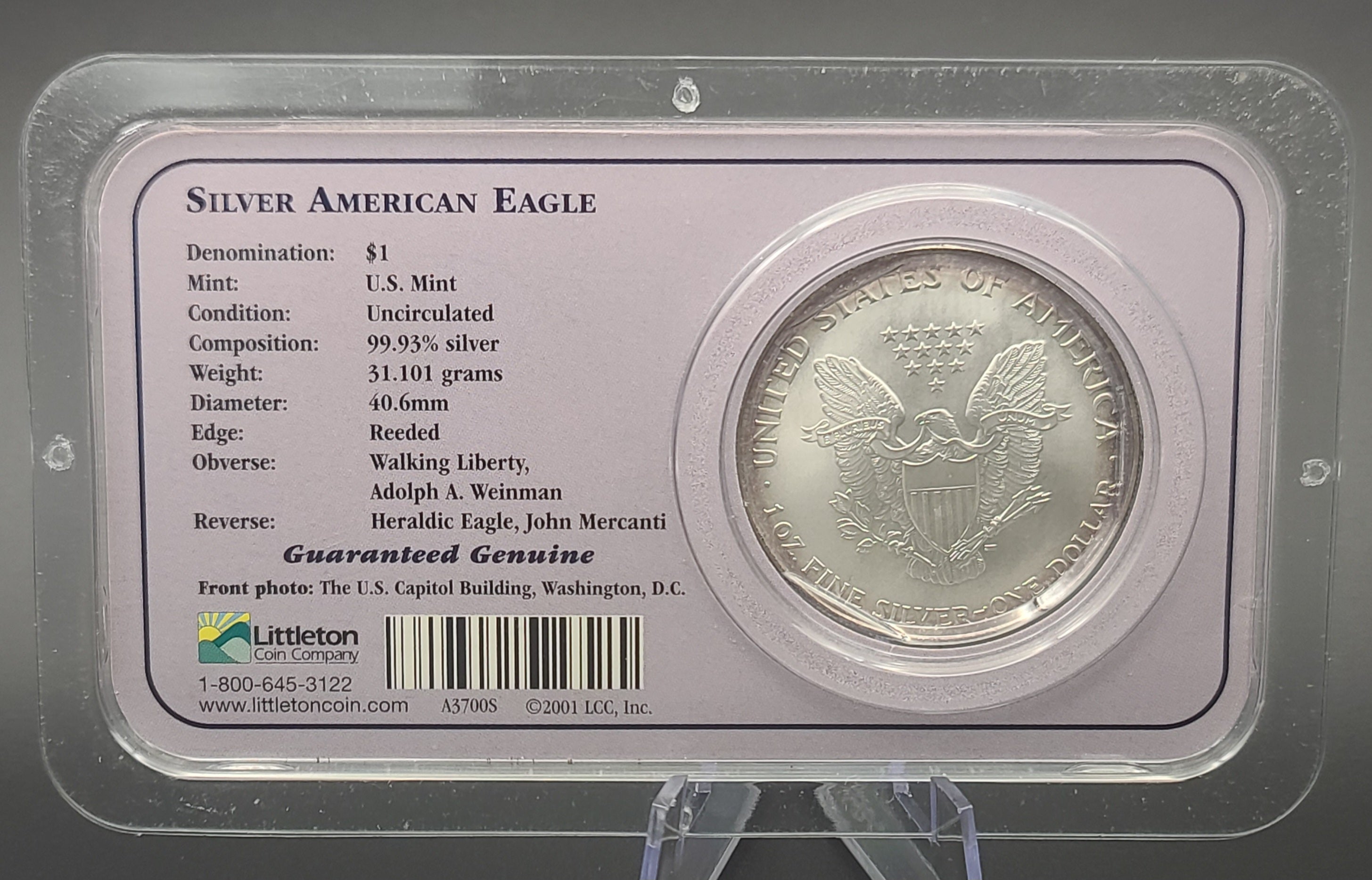 2000 US Silver Eagle Dollar Coin in Littleton Holder, .999 Silver