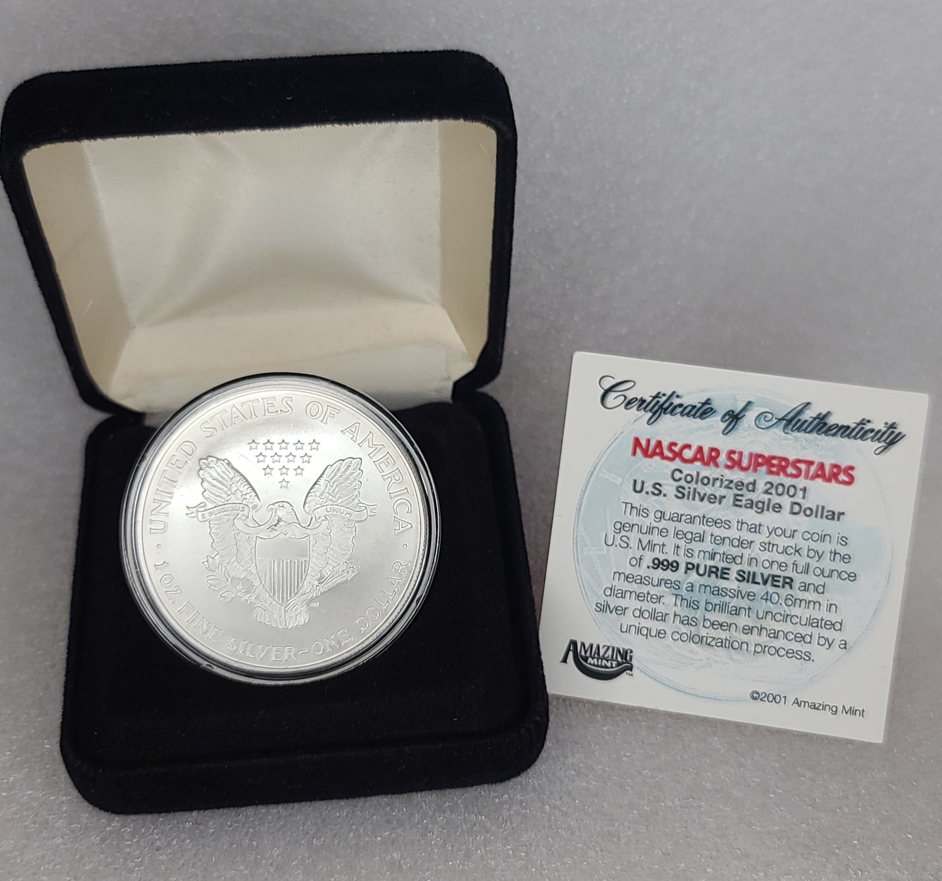 2001 DALE EARNHARDT 1 OZ AMERICAN SILVER EAGLE COIN IN BOX WITH COA