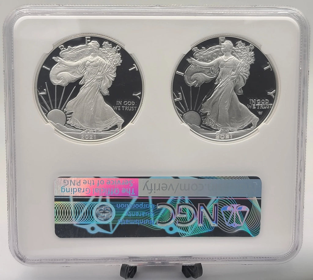 2022 & 2021 W NGC PF70 $1 Type 1 & 2 T2 T1, Silver Eagle Congratulations Set