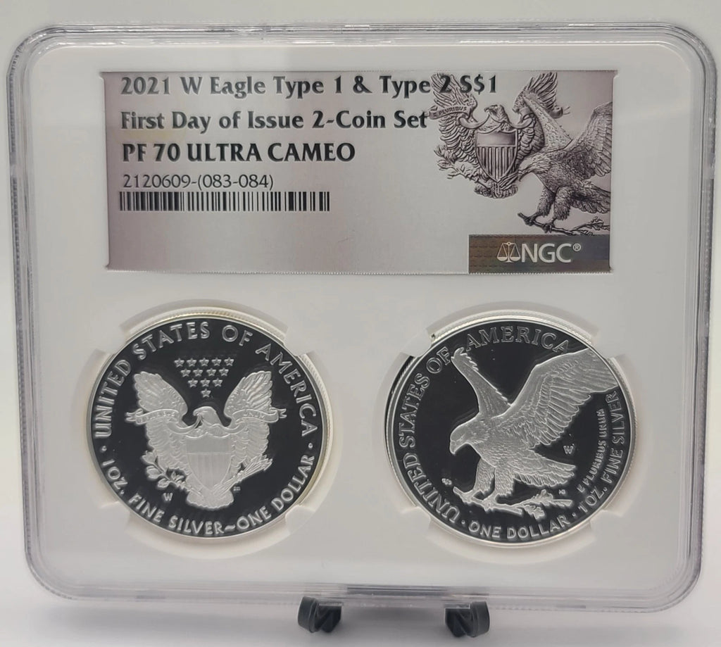 2022 & 2021 W NGC PF70 $1 Type 1 & 2 T2 T1, Silver Eagle Congratulations Set