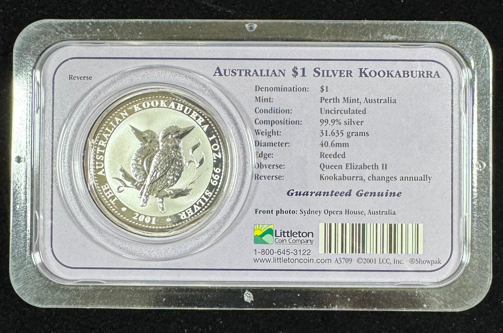 2001 Australia 1 Oz .999 Fine Silver Kookaburra $1 in Littleton Holder