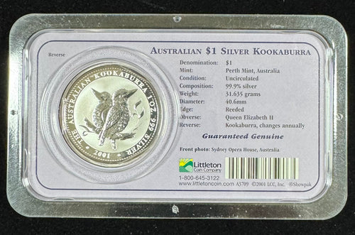 2001 Australia 1 Oz .999 Fine Silver Kookaburra $1 in Littleton Holder