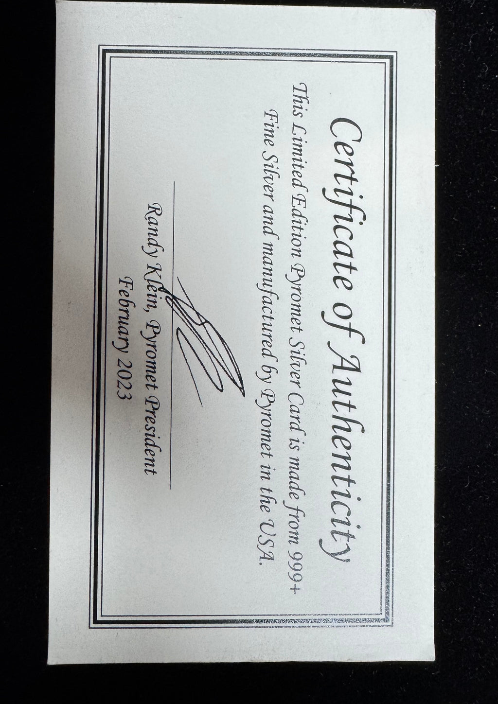 Pyromet 1 Troy Oz Silver Card .999 Fine Silver Bullion w/ COA