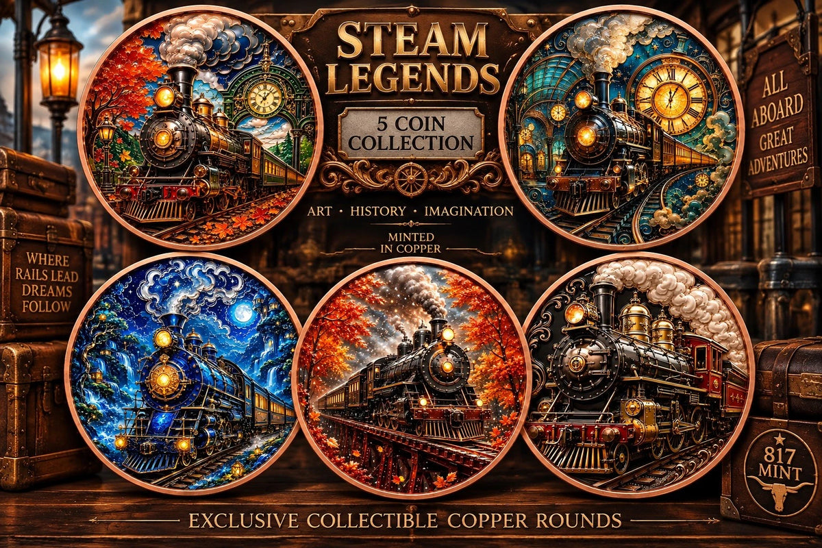 Steam Legends Trains 5oz Ultra High Relief Copper Coin Complete SET 5oz Coppers